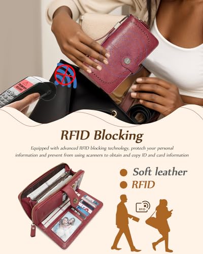 TFKGS Wallet for Women RFID Blocking Leather Large Capacity Card Holder Ladies Phone Clutch Travel Long Purse Wristlet | RFID Blocking - color: 1-Red