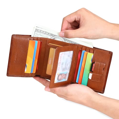 Trifold Wallets for Men Genuine Leather Large Capacity RFID Blocking, Includes Id Window and Credit Card Holder,Mens Wallets Leather (Brown) - color: Brown