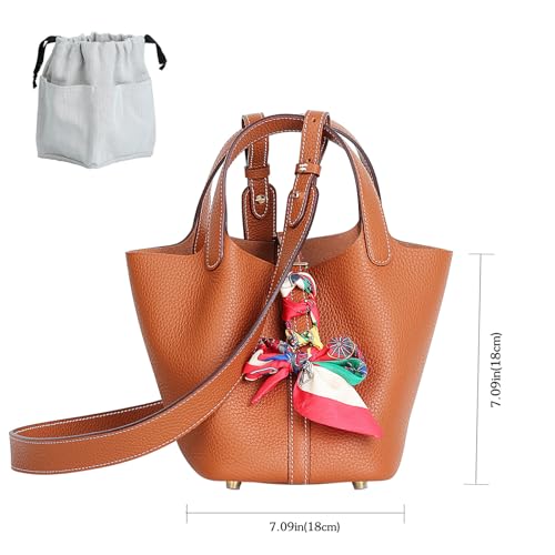 Genuine Leather Bucket Bag with Shoulder Strap, Organizer Insert & Silk Scarf for Women Handbag Tote Bag - color: Brown-gold