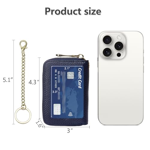 imeetu Rfid Credit Card Holder, Businese Card Case, Wallet for Women Men | Genuine Leather Card Wallet with id Window, Keychain & Double Zipper, Water-resistan Small Wallet with Gift Box, Daily Travel - color: Max - Dark Blue
