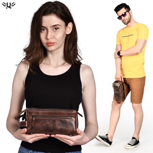Premium Handmade Genuine Leather Toiletry Bag for Men & Women, Dopp Kit & Shaving Travel Organizer, Cosmetic Wash Bag with Zipper Pocket Travel Pouch, Gift for Him & Her - Dark Brown - color: Dark Brown (Large)