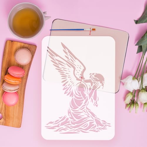 FINGERINSPIRE Weeping Angels Painting Stencil with Paintbrush 11.7x8.3 inch Praying Angel Silhouette Stencil Reusable DIY Craft Stencils for Painting on Wood, Wall, Canvas, Fabric and Furniture - color: Weeping Angels