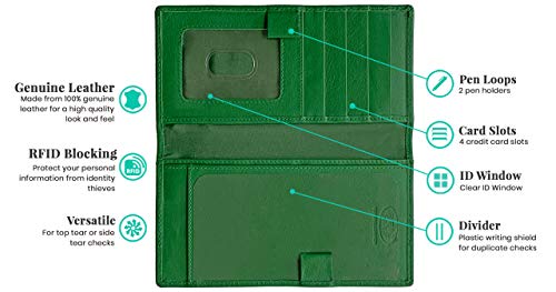 RFID Leather Checkbook Cover With Credit Card Slots and Pen Holder - color: Emerald Green