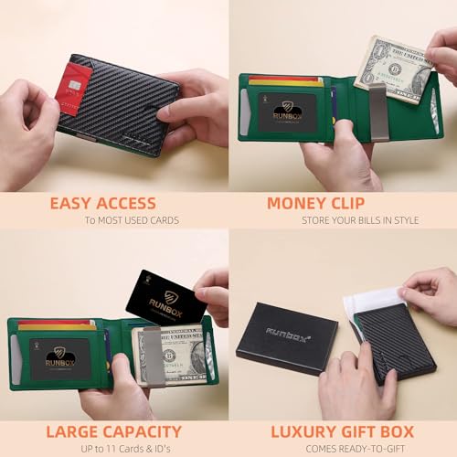 RUNBOX Slim Wallet for Men - RFID Blocking Leather Bifold with Money Clip | Minimalist Front Pocket Wallet Holds 11 Cards,Slim Thin Design,RFID Blocking Protection, Practical Birthday Gifts for Men - color: Carbon Black&Green