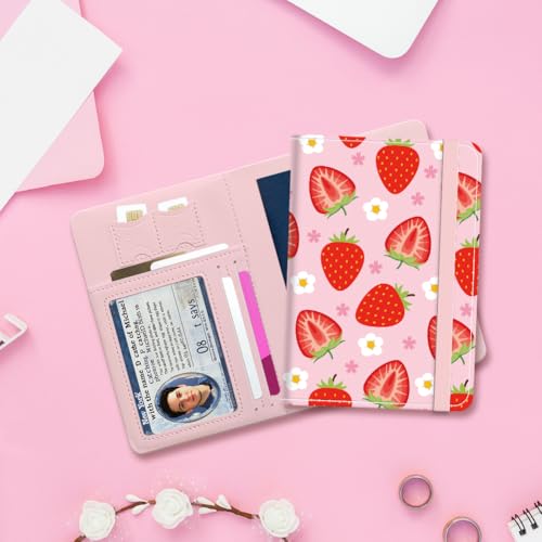 PU Leather Passport Holder Cover 5.9×4.3 Inch with Credit Card Slot Boarding Pass Slot Combo Blocking Passport Holder Wallet Cover Case for Travel Boarding Essentials(Strawberry Flower) - color: Strawberry Flower