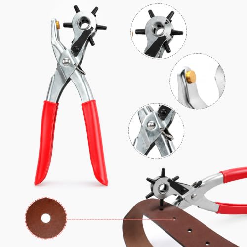 1 Pc Heavy Duty Faux Leather Belt Hole Punch Pliers Rotary Steel Hand Tool with Red Rubberized Grip for Sewing Crafting Projects