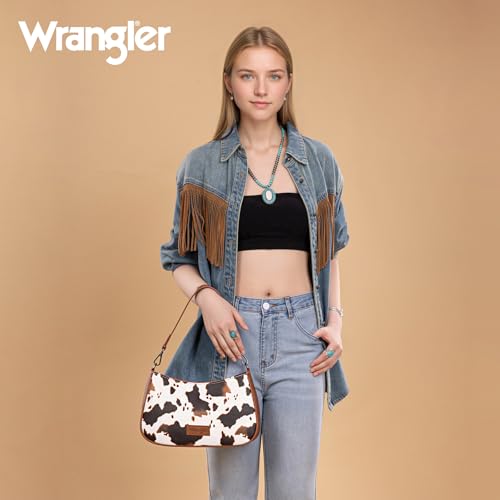 Wrangler Shoulder Bag for Women Western Small Purse Hobo Handbag | Aztec, Underarm Bag, 2 Detachable Straps, Secure Zipper Closure, Back Pocket, Crossbody Bag for dates, travel and everyday - color: Cow Print-brown