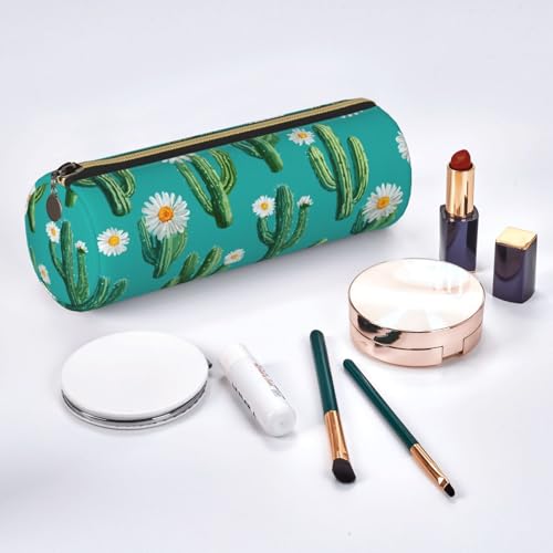 OSAM SPACE Leather Pencil Case Round Pencil Bag Cactus Daisy Pen Organizer Holder Portable Zipper Pouch Cute School Supplies for Girls Boys Study Office - color: Cactus Daisy