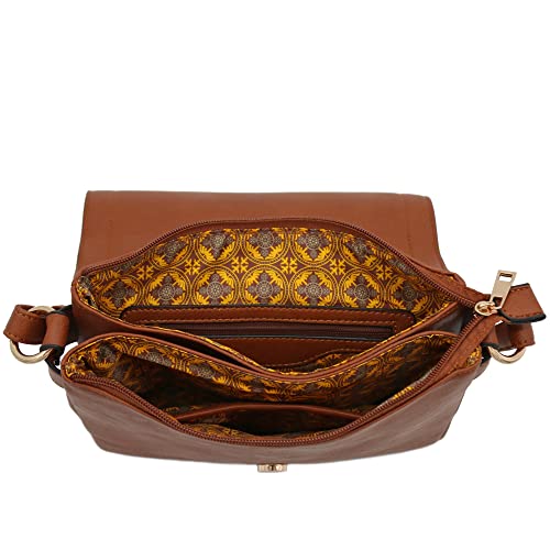 ALYSSA Double Compartment Large Flapover Crossbody Bag - color: Brown