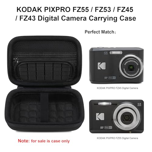 Elonbo Camera Carrying Case for KODAK PIXPRO FZ45/ FZ55 Digital Camera | Compact Camera Case, Hard Bag, with Mesh Pocket Wrist Strap Double Zipper, for Vlogging, Travel Protective Storage, Black - color: Black+Inside Black