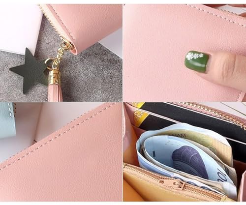 Women's RFID Classic PU Leather Short Wallet with Star Tassel Charm, Multi Card Slots Zipper Coin Pocket, Portable Daily Mini Purse for Cash Cards Lipstick - Black - color: Star Charm-black