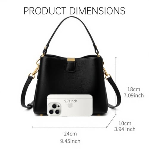 Leather Bucket Bag for Women, Soft Crossbody Top-handle Purse | Small Tote Handbag with 3 Style Detachable Straps, Spacious Daily Handbag for Work Outing Daily Use - color: Black