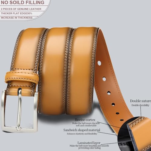 Men's Genuine Leather Dress Belts, 2 Pack, 1.32" Wide, | 100% genuine cowhide leather, handcrafted with classic prong buckles for business, casual, office, suit, jeans and daily wear - color: 02 Black Belt/Yellow Belt, size: Fits 42" to 46" waist