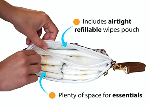 Bumco Portable Diaper Clutch Bag with Built-In Baby Wipes Dispenser | Airtight refillable wet wipes dispenser container. Portable travel wristlet pouch strap for quick cleanups on the go. - color: Purple Tie Dye