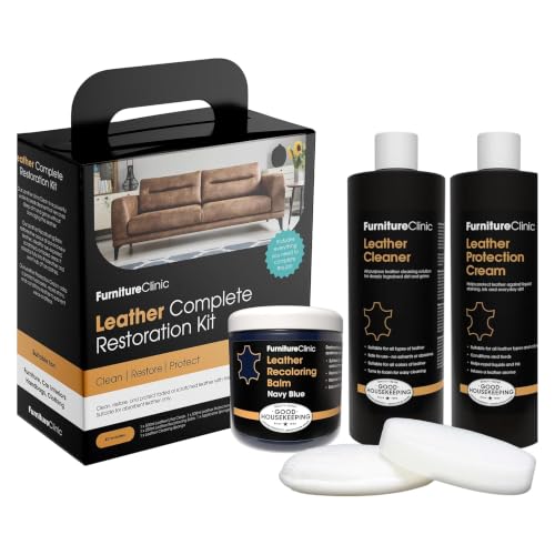 Furniture Clinic Leather Complete Restoration Kit | with Leather Recoloring Balm, Cleaner, 2-in-1 Protection Cream & Conditioner, Sponge, and Cloth | Repair Kit for Furniture (Navy Blue) - color: Navy Blue, size: Complete Kit
