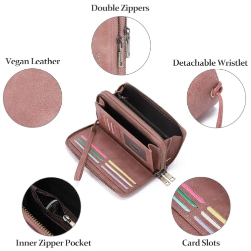 GOIACII Wristlet Wallets for Women 2 Zip Around Ladies Clutch Pink - color: Pink