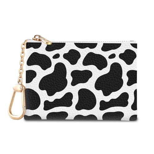 Cow Keychain Coin Purse for Women, Small Key Chain Change Pouch | Cute Zipper Purse, Little Tiny Zip Pocket, PU Leather, Travel Wallet for Girls, Coin Cash Holder, Metal Key Ring, Women Gifts - color: Cow