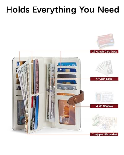 BOSTANTEN Womens Leather Wallet RFID Large Capacity Credit Card Holder | 4 ID Windows, 16 Card Slots, Zipper Coin Pocket, Clutch Wallet, Long Bifold, Ladies Gifts, Beige＆Brown - color: B-Brown＆Beige-oil wax