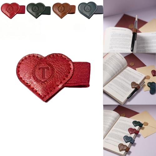 Magnetic Leather Bookmarks with Pen Holder, 26 Letters Name Initial Custom Personalized Heart-Shaped Book Marks for Book Lover Readers, Bygone Cute Leather Bookmark Gift for Women,Girls (Red,T) - color: Red, size: T