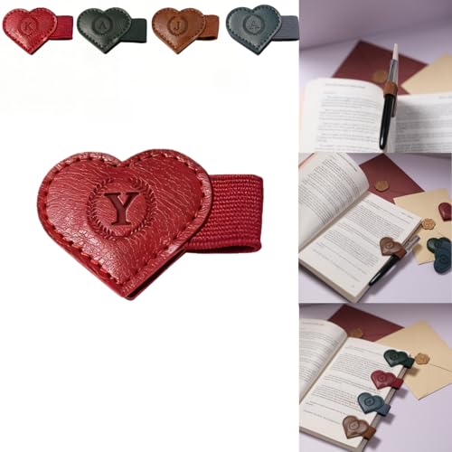 Magnetic Leather Bookmarks with Pen Holder, 26 Letters Name Initial Custom Personalized Heart-Shaped Book Marks for Book Lover Readers, Bygone Cute Leather Bookmark Gift for Women,Girls (Red,Y) - color: Red, size: Y