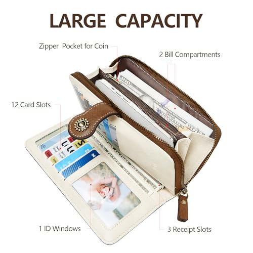 TFKGS Wallet for Women RFID Blocking Leather Large Capacity Card Holder Ladies Phone Clutch Travel Long Purse Wristlet | RFID Blocking - color: 1-Beige＆Brown