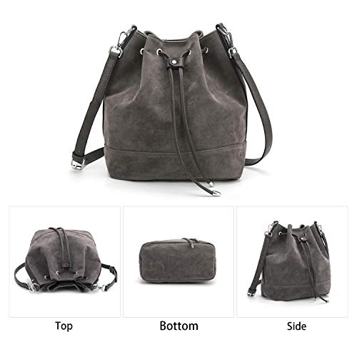 AFKOMST Suede Bucket Bag for Women Medium Slouchy Shoulder Purse | Faux suede; 2 detachable straps for shoulder or crossbody carrying;fit tablets, A5, long wallet; - color: Grey