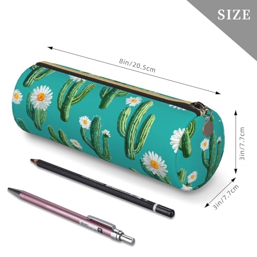 OSAM SPACE Leather Pencil Case Round Pencil Bag Cactus Daisy Pen Organizer Holder Portable Zipper Pouch Cute School Supplies for Girls Boys Study Office - color: Cactus Daisy