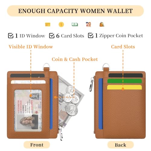 Hancynir Brown Minimalist Small Wallet Women Credit Card Holder RFID Slim | Zipper Pocket Wallet, Thin Travel Coin Purse, Ladies Women Mens Gifts, Cute Card Case, 6 Card Slots, ID Window, PU Leather - color: 01-Lichee Brown