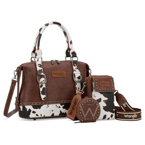 Wrangler 3Pcs Doctor Bag Sets for Women Top-handle Satchel Bag with Cell Phone Handbag and Coin Purse - color: Brown Cow Print