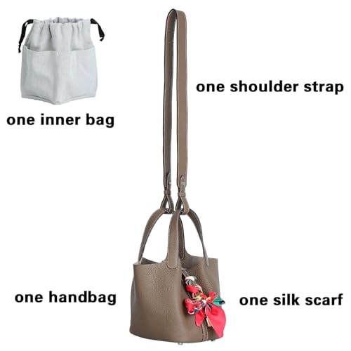 Genuine Leather Bucket Bag with Shoulder Strap, Organizer Insert & Silk Scarf for Women Handbag Tote Bag - color: Elephant Gray-sliver