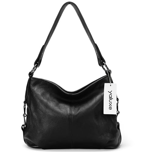 YALUXE Women's Real Leather Shoulder Bags Hobo Handbags Purse Crossbody Bag - color: Black