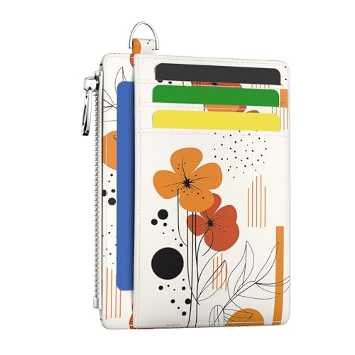 Hancynir Boho Flower Credit Card Holder Slim Wallet Women, RFID Small | Zipper Pocket Wallet, Thin Travel Coin Purse, PU Leather, Minimalist Card Case, 6 Card Slots, ID Window, Ladies Women Gifts - color: Abstract Boho Flower