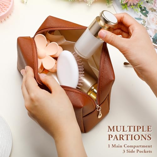 Kigeli Leather Makeup Bag PU Leather Cosmetic Pouch Wide-open Waterproof Toiletry Organizer with Dividers Travel Bag Birthday Valentine's Day Gifts for Women Friend Sister Daughter BFF(Brown) - color: Brown