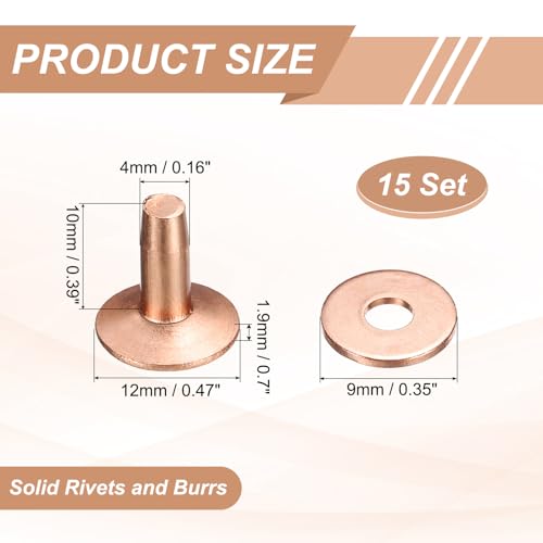 HARFINGTON 15Set Copper Rivets and Burrs Washers 12x4x10mm Dimpled Finish Solid Leather Rivet Fastener Studs Posts for Leather DIY Craft Belts Wallets Collars, Copper Tone - color: Copper Tone, size: 12x4x10mm