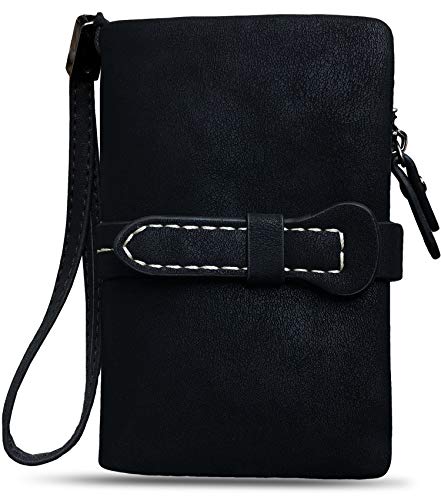 AOXONEL Women's Small Bifold Leather wallet Rfid blocking Ladies Wristlet with Card holder id window Coin Purse - color: Black3