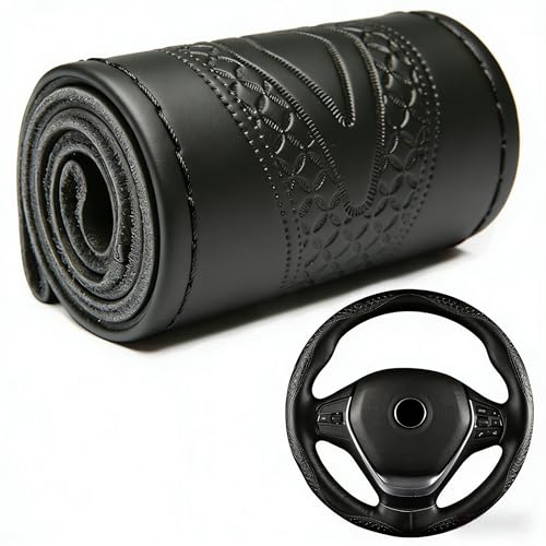 Car Steering Wheel Cover Universal Fit Round Stitch Steering Wheel Wrap Thin PU Leather Steering Wheel Cover Sewn on 15" Car Wheel (Black) - color: Black lines
