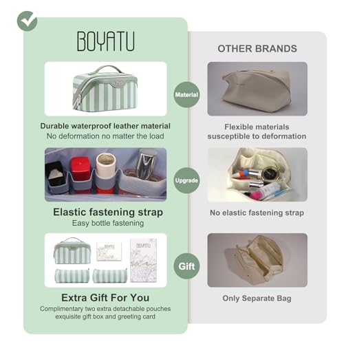 BOYATU Travel Makeup Bag for Women: 3 Pcs Set Striped Make up Bag,Green | Vegan Leather Cosmetic Bags with Compartments - Waterproof Large Capacity Toiletry Bags - 180° Open-Flat Makeup Organizer - color: A-2-Green