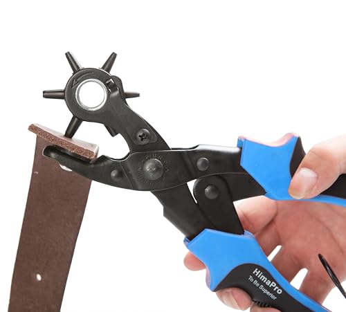 HimaPro Leather Hole Rotary Puncher for Belts, Dog Collars, Saddles, Shoes, Watch Bands, and etc. with a Measuring Ruler, Two Spare Punch Plates, and a Mini Metal Drill