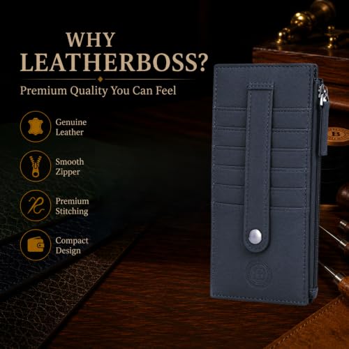 Leatherboss Genuine Leather Women's All in One Credit Business Card Case Holder Slim Zipper Wallet With a Card Protection Strap, Blue - color: Blue