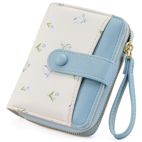 GAEKEAO Small Wallet for Women Vegan Leather Bifold Card Holder RFID Blocking Ladies Purse Floral Pattern with Zipper Pocket - color: Y04-Blue