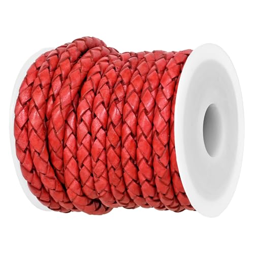 GENIQUE Real/Genuine Round Braided Leather Cord String Rope Folded, Leather Rope for Crafts, Jewelry Making, Necklace, Bracelets (Red Distressed, 5mm) - color: Red Distressed, size: 5mm