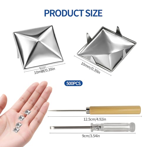 500PCS 10mm Pyramid Studs for Clothing,Silver Square Studs and Spikes with Awl and Screwdriver, Metal Studs for Punk Rock Jewelry Crafts, Clothes, Leather, and Accessories - size: 500PCS