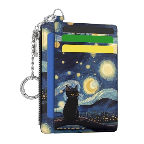 Hancynir Black Cat Small Wallet Women Credit Card Holder, Slim RFID Cute | Zipper Keychain Wallet, Travel Coin Front Pocket, Ladies Women Gifts, Thin Minimalist Card Case, 6 Card Slots, PU Leather - color: Black Cat Keychain Wallet