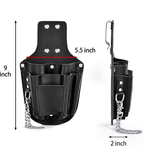 Small Tool Pouch, Genuine Leather Electrician Tool Pouch | 7 Pockets with Metal Tape Chain, Reinforced Rivets, Convenient & Quick Tool Access - color: black-b