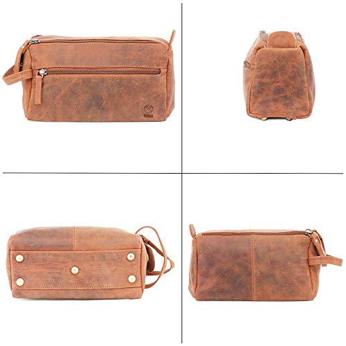 Rustic Town Leather Wash Bag for Men - Travel Toiletry Bag - Shaving Dopp Kit Toiletries Organizer - Leather Makeup Bag for Women | Main Compartment, Interior & Exterior Zip Pockets, YKK Zippers, Waterproof Lining; TSA Carry-On; Gifts for Him, Brown - col