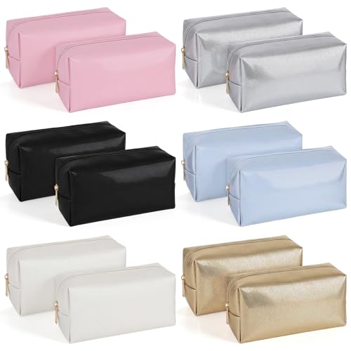 12 PCS Preppy Makeup Bag, PU Leather Cosmetic Bags Bulk, Aesthetic Waterproof Makeup Pouches Set Small Toiletry Travel Bags, Zippered Pencil Case Organizer for Home Office, Multicolor