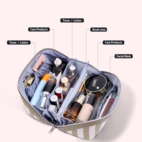 BOYATU Travel Makeup Bag for Women: 3 Pcs Set Striped Make up Bag,Apricot | Vegan Leather Cosmetic Bags with Compartments - Waterproof Large Capacity Toiletry Bags - 180° Open-Flat Makeup Organizer - color: A-6-Apricot