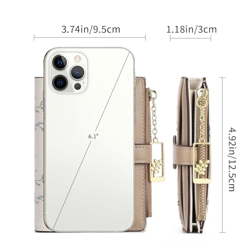 GAEKEAO Small Wallets for Women RFID Blocking Bifold Floral Vegan Leather Wallet Card Holder with Zipper Pocket ID Window - color: A02-Khaki