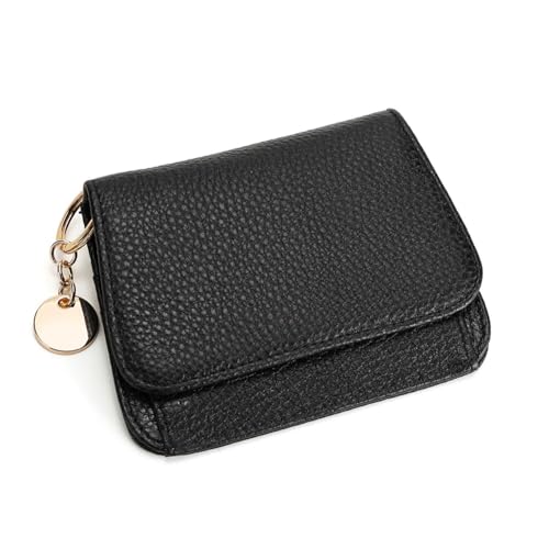 Mudono Small Wallet for Women RFID Blocking Genuine Leather Card Case Slim Tri-Fold Wallet with Zipper Pocket and Keychain - color: Black