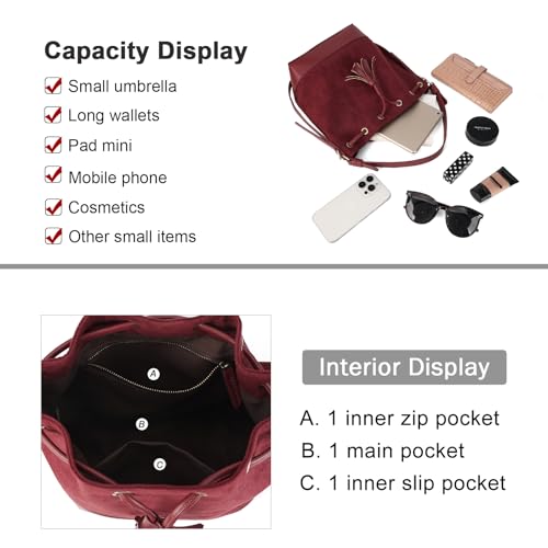 AFKOMST Suede Bucket Crossbody Bag and Shoulder Purse for Women - color: Burgundy